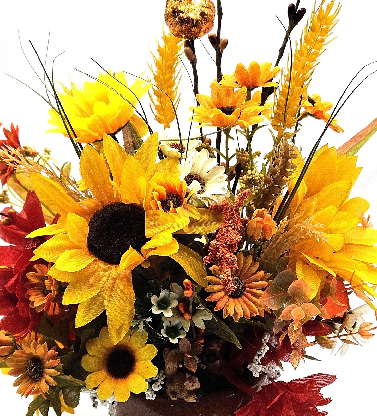 Autumn Fall Flower Arrangement in a Ceramic Acorn Nut Bowl, Large Yellow or Orange Sunflowers, Other Fall Flowers, Wheat, Accents, 2 Options