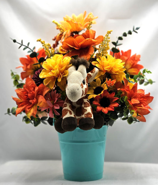 Artificial Flower Arrangement with Whimsical Little Giraffe Set in Aqua Blue Plastic Pail/Earthtone Floral Garden