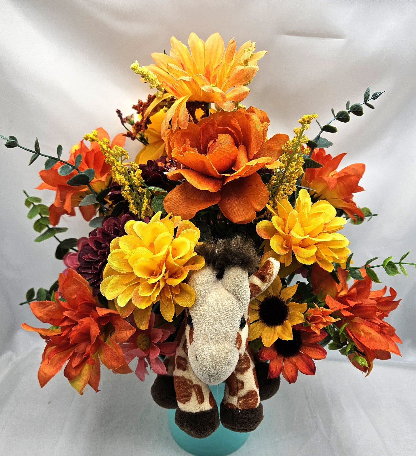 Artificial Flower Arrangement with Whimsical Little Giraffe Set in Aqua Blue Plastic Pail/Earthtone Floral Garden