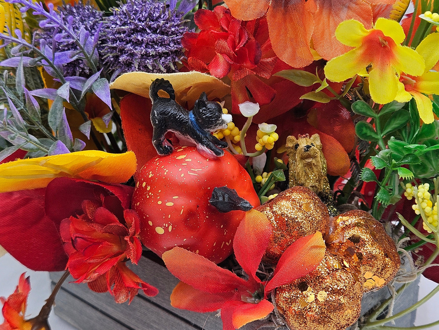 Yorkie Dog Fall Flower Arrangement: Pumpkin Patch Wooden Crate