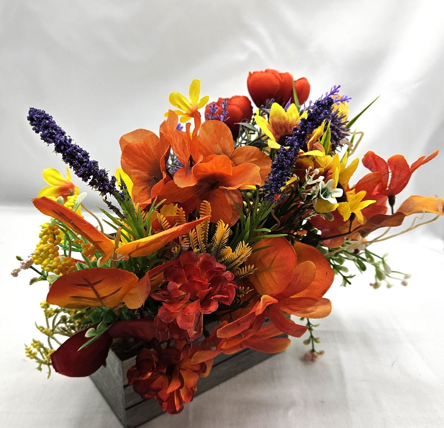 Yorkie Dog Fall Flower Arrangement: Pumpkin Patch Wooden Crate