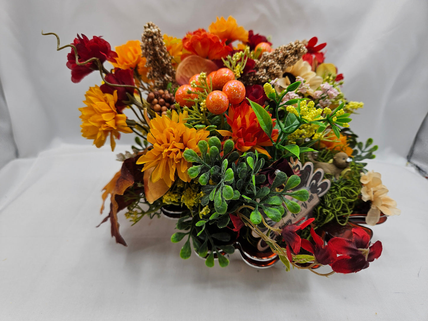 Autumn Fall Garden Arrangement in Maple Leaf Tray with Cute Otters, Great Fall Gift or Home/Office Decor