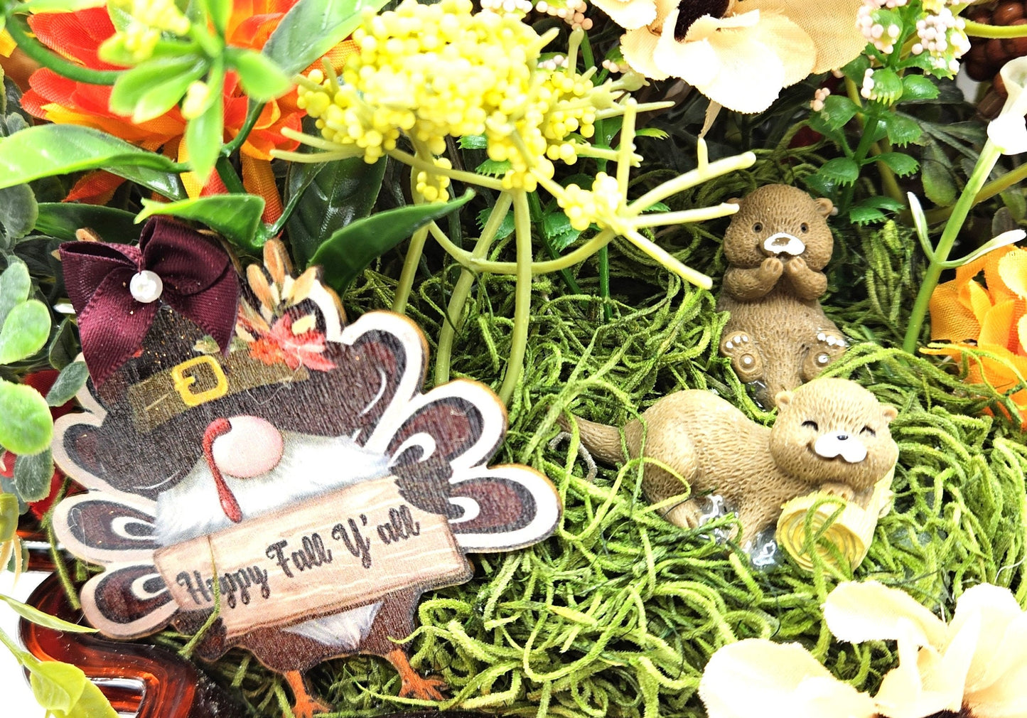 Autumn Fall Garden Arrangement in Maple Leaf Tray with Cute Otters, Great Fall Gift or Home/Office Decor