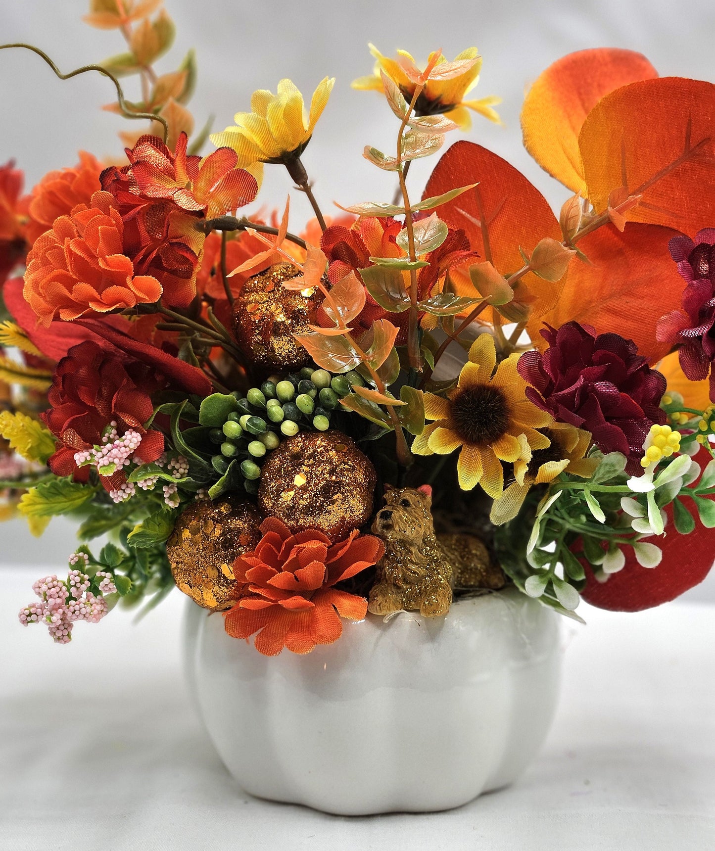 Autumn Fall Artificial Flower Arrangements in  white ceramic pumpkin bowl/2 Options/Pumpkins, Glitter, Wheat Sprays/ Happy Fall Sign