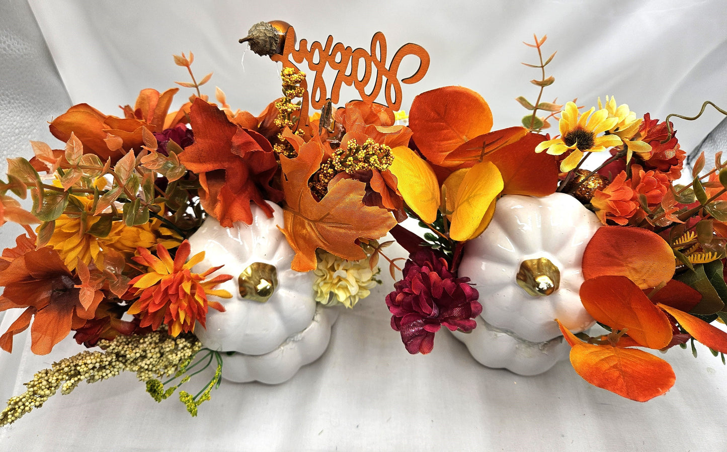 Autumn Fall Artificial Flower Arrangements in  white ceramic pumpkin bowl/2 Options/Pumpkins, Glitter, Wheat Sprays/ Happy Fall Sign