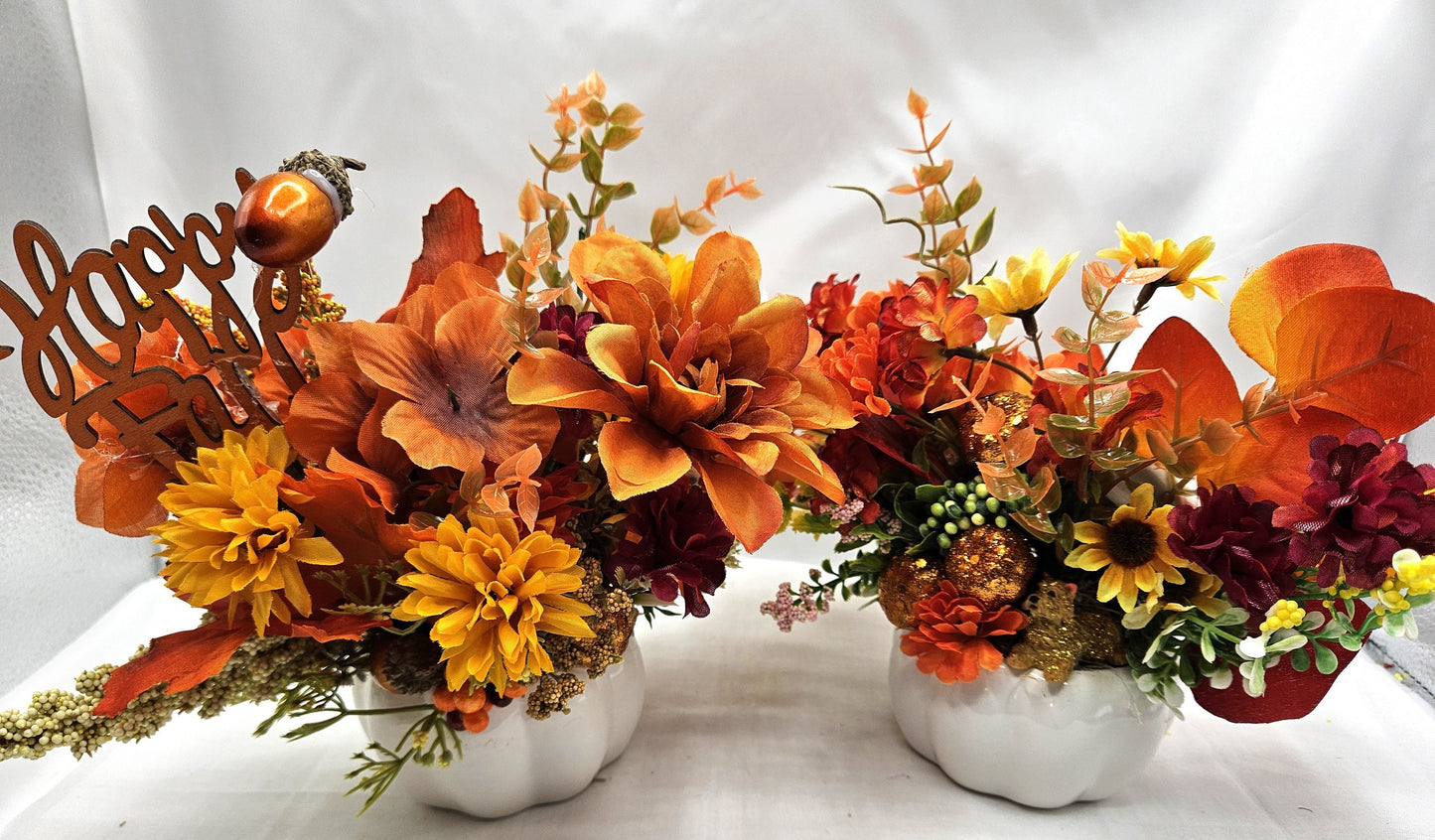 Autumn Fall Artificial Flower Arrangements in  white ceramic pumpkin bowl/2 Options/Pumpkins, Glitter, Wheat Sprays/ Happy Fall Sign