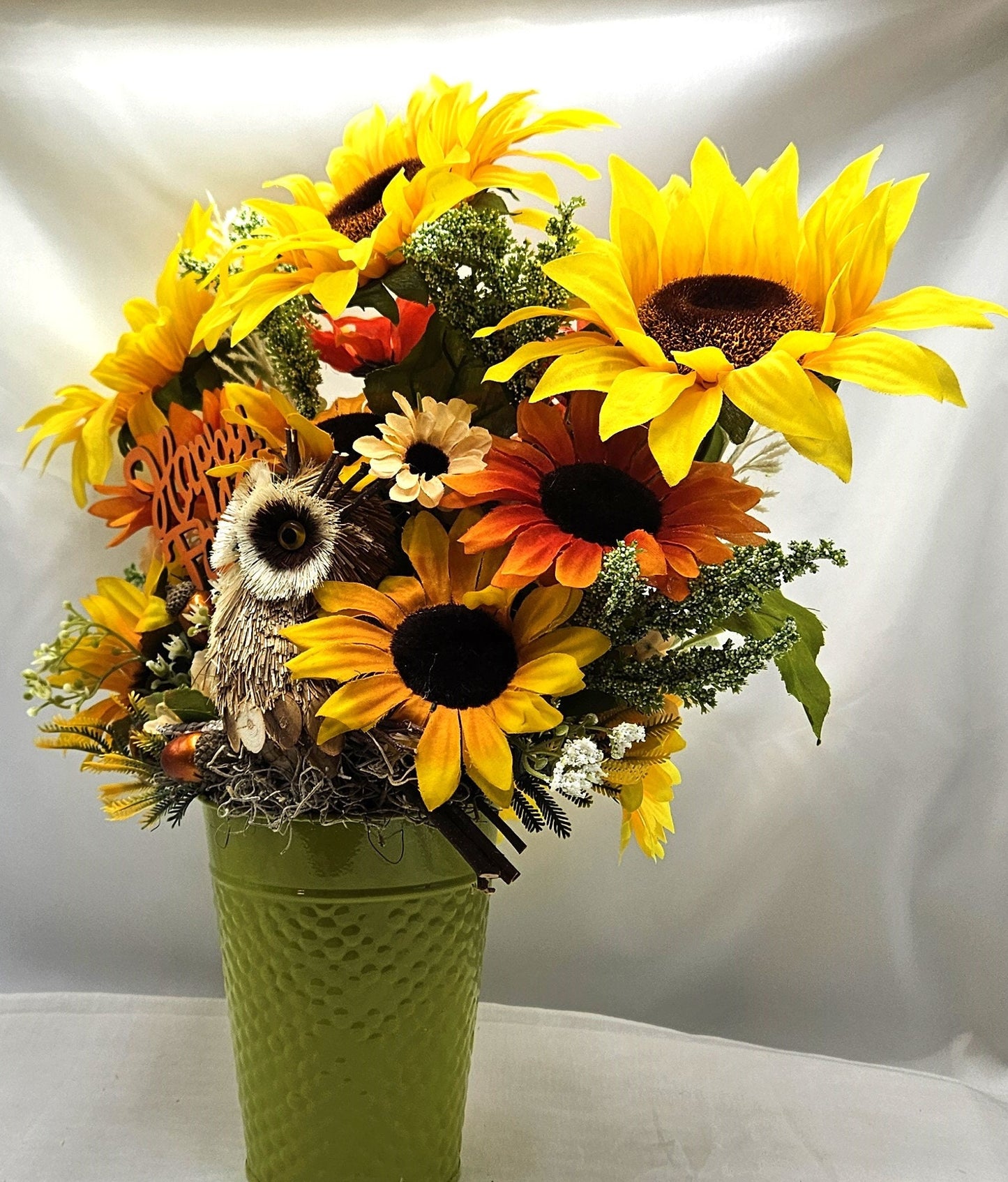 Fall Autumn Flower Arrangement, "Happy Fall" Sign with Owl Accent, Large Sunflowers, Fall Centerpiece, Home Decor', Fall Party Decor