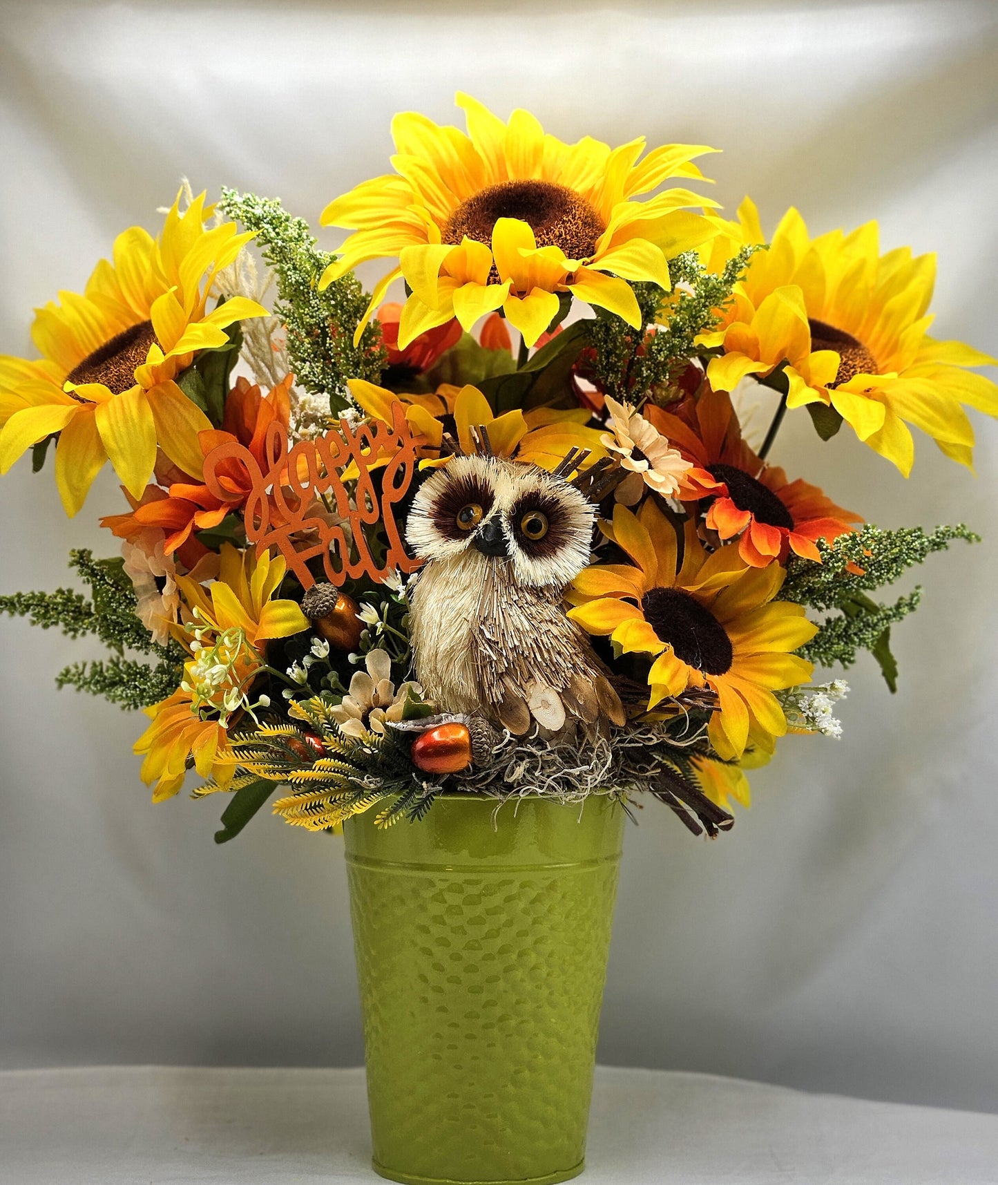 Fall Autumn Flower Arrangement, "Happy Fall" Sign with Owl Accent, Large Sunflowers, Fall Centerpiece, Home Decor', Fall Party Decor