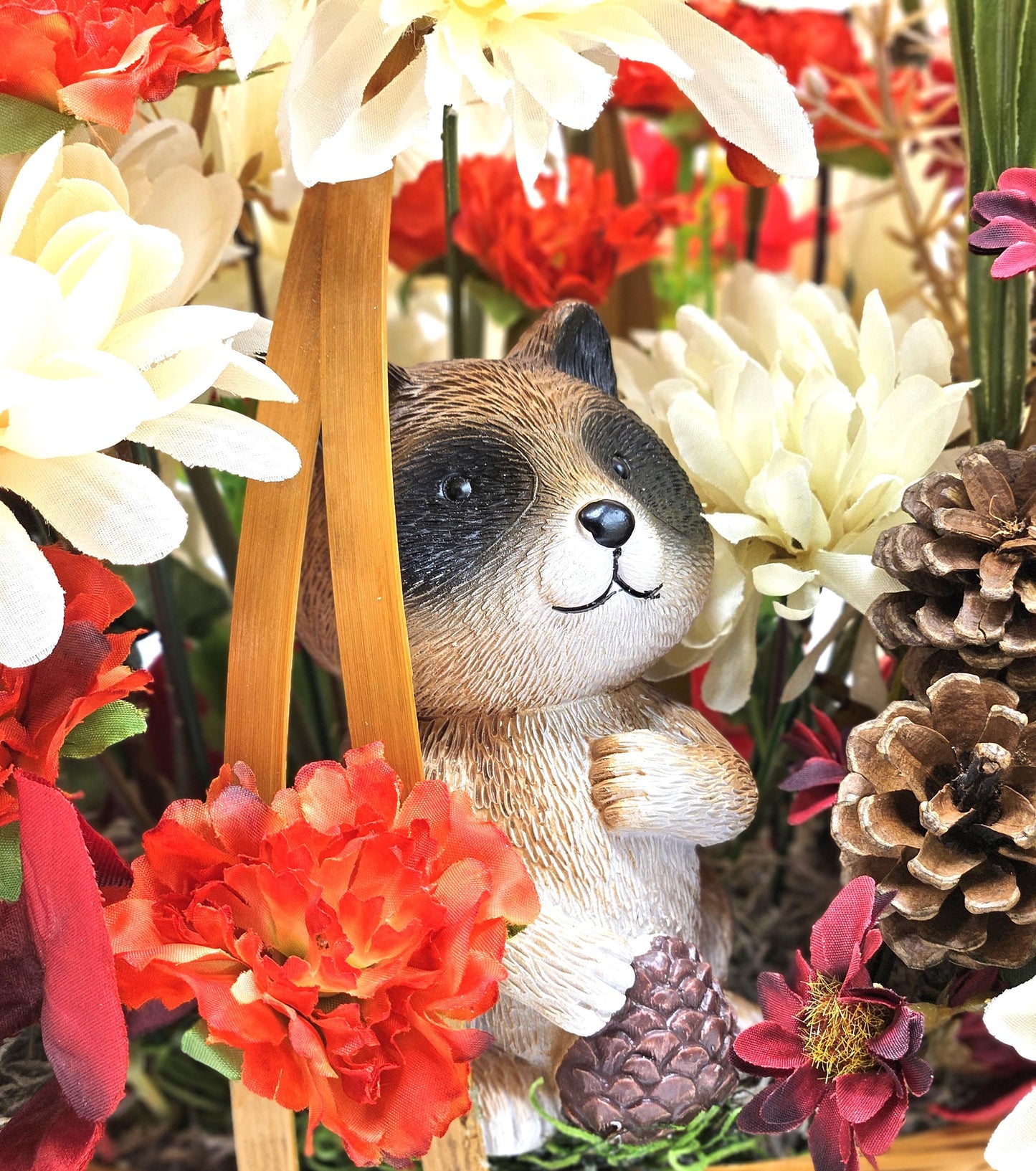 Deep Red and White Mums, Daisies, Other Wildflowers/Fall Leaves/Woodland Raccoon, Set in Handle Wicker Basket, Fall/Autumn Accents