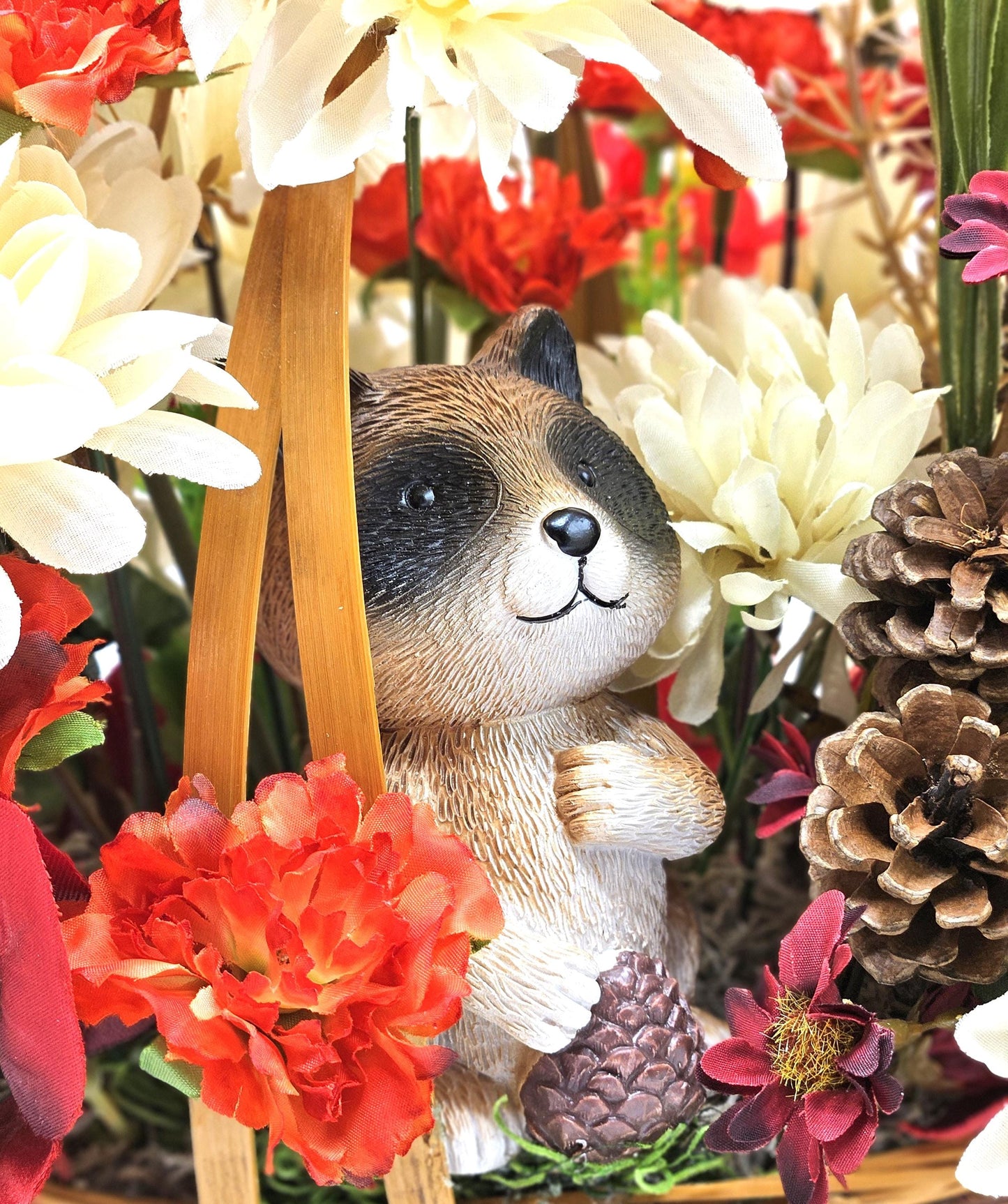Deep Red and White Mums, Daisies, Other Wildflowers/Fall Leaves/Woodland Raccoon, Set in Handle Wicker Basket, Fall/Autumn Accents