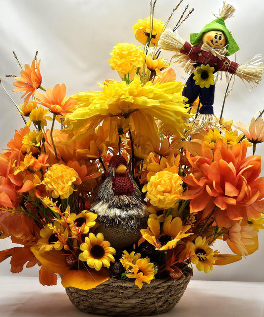 Burnt Oranges and Yellow Fall Flowers/Mums/Sunflowers/Grasses/Scarecrow/Rattan Straw Chicken Set in Tan Woven Basket/Auttumn/Fall Home Decor