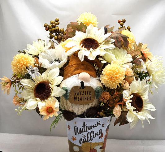 Autumn Is Calling Flower Arrangement/Sweater Weather Plush Gnome Amidst Maze Yellow Mums/Fall Flowers/White Sunflowers/Berries/Fall Leaves