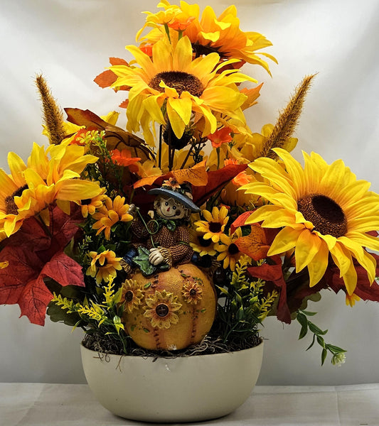 Ceramic Scarecrows on Pumpkins in a Garden of Colored Leaves, Mums or Sunflowers, 2 Choices, in a Beige Bowl, Great Fall Decor or Gift