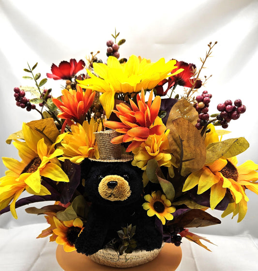 Autumn Harvest Basket with Sunflowers, Wheats, and Colorful Leaves - Adorable Black Bear Wearing his Straw Hat/ Great Home/Office Decor/Gift