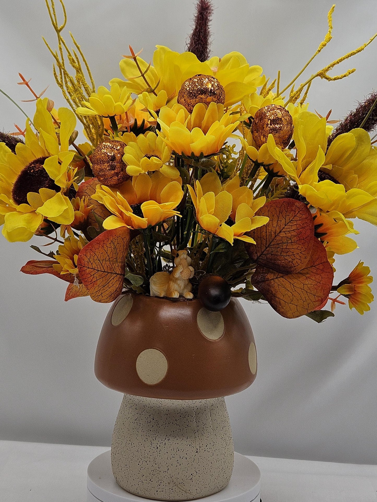 Ceramic Mushroom Pots Filled with Sunflowers, Mums, Pumpkins, Other Fall/Autumn Decor, Pick From 2 Options, Home/Office Fall Decor or Gift
