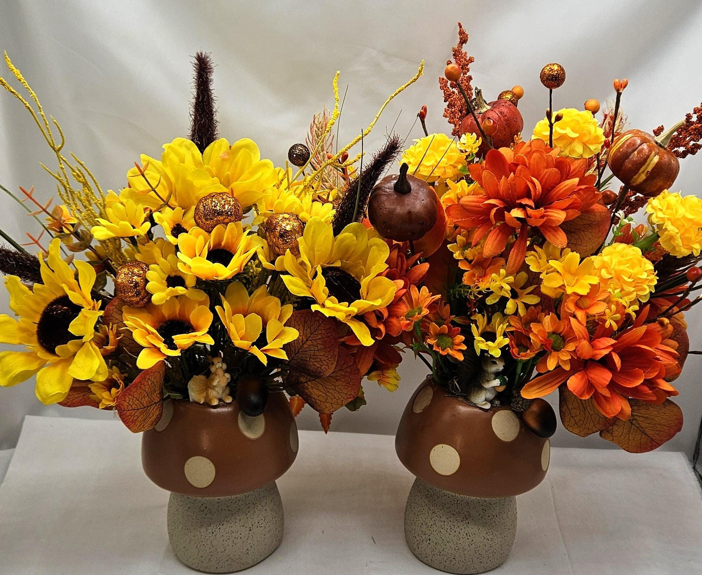 Ceramic Mushroom Pots Filled with Sunflowers, Mums, Pumpkins, Other Fall/Autumn Decor, Pick From 2 Options, Home/Office Fall Decor or Gift