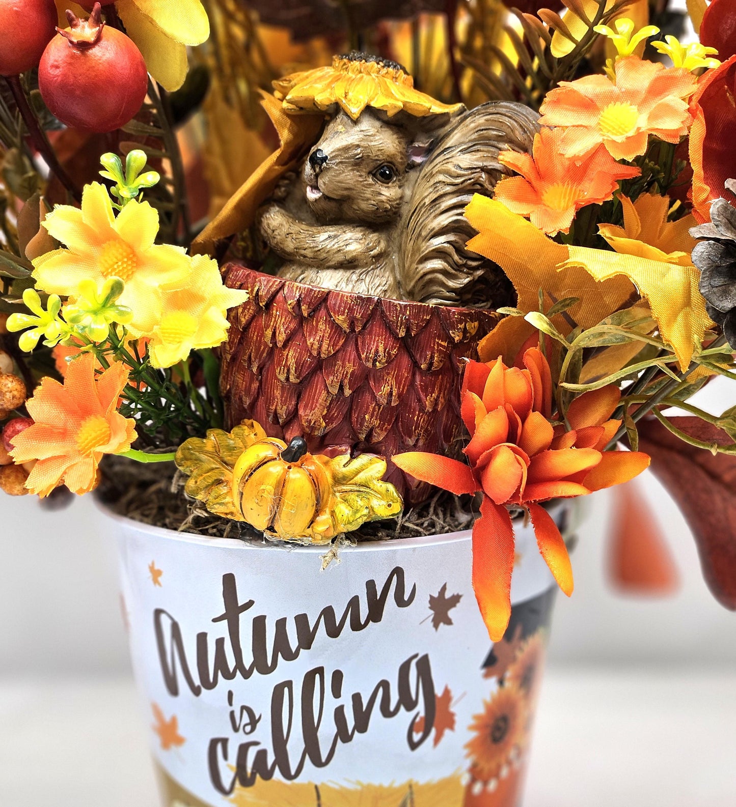 Autumn Is Calling Flower Arrangement/Cute Ceramic Squirrel Amidst Burnt Orange/Yellow Fall Flowers/Pine Cones/Berries/Wheat/Fall Grasses