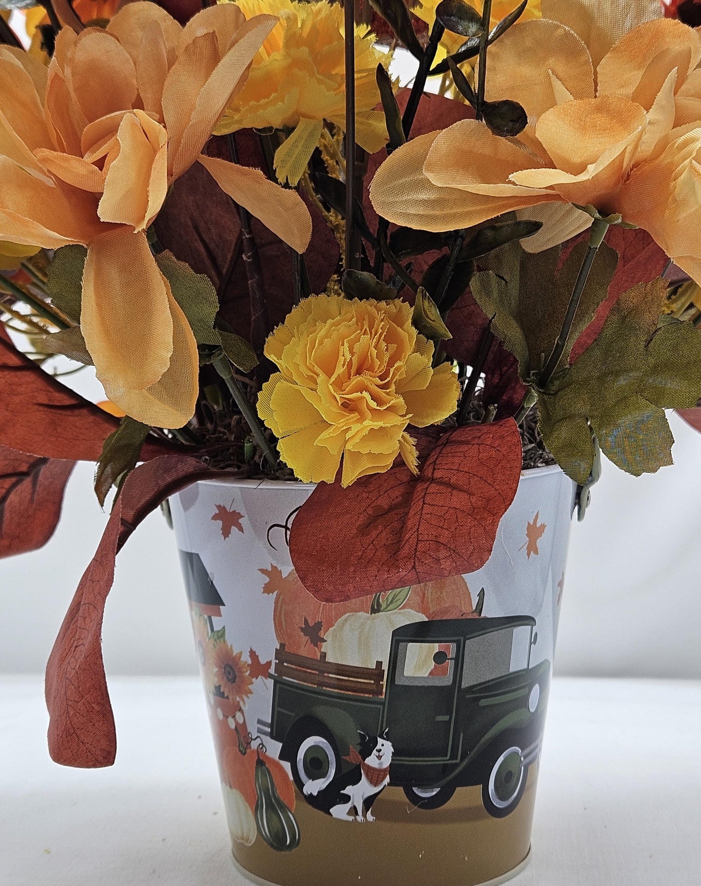 Autumn Is Calling Flower Arrangement/Cute Ceramic Squirrel Amidst Burnt Orange/Yellow Fall Flowers/Pine Cones/Berries/Wheat/Fall Grasses