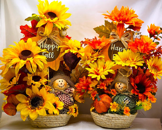 Autumn/Fall Flower Arrangement/Wooden Happy Fall Sign/2 Options, Red Scarecrow w/Yellow Sunflowers or Green Scarecrow w/Orange Sunflowers