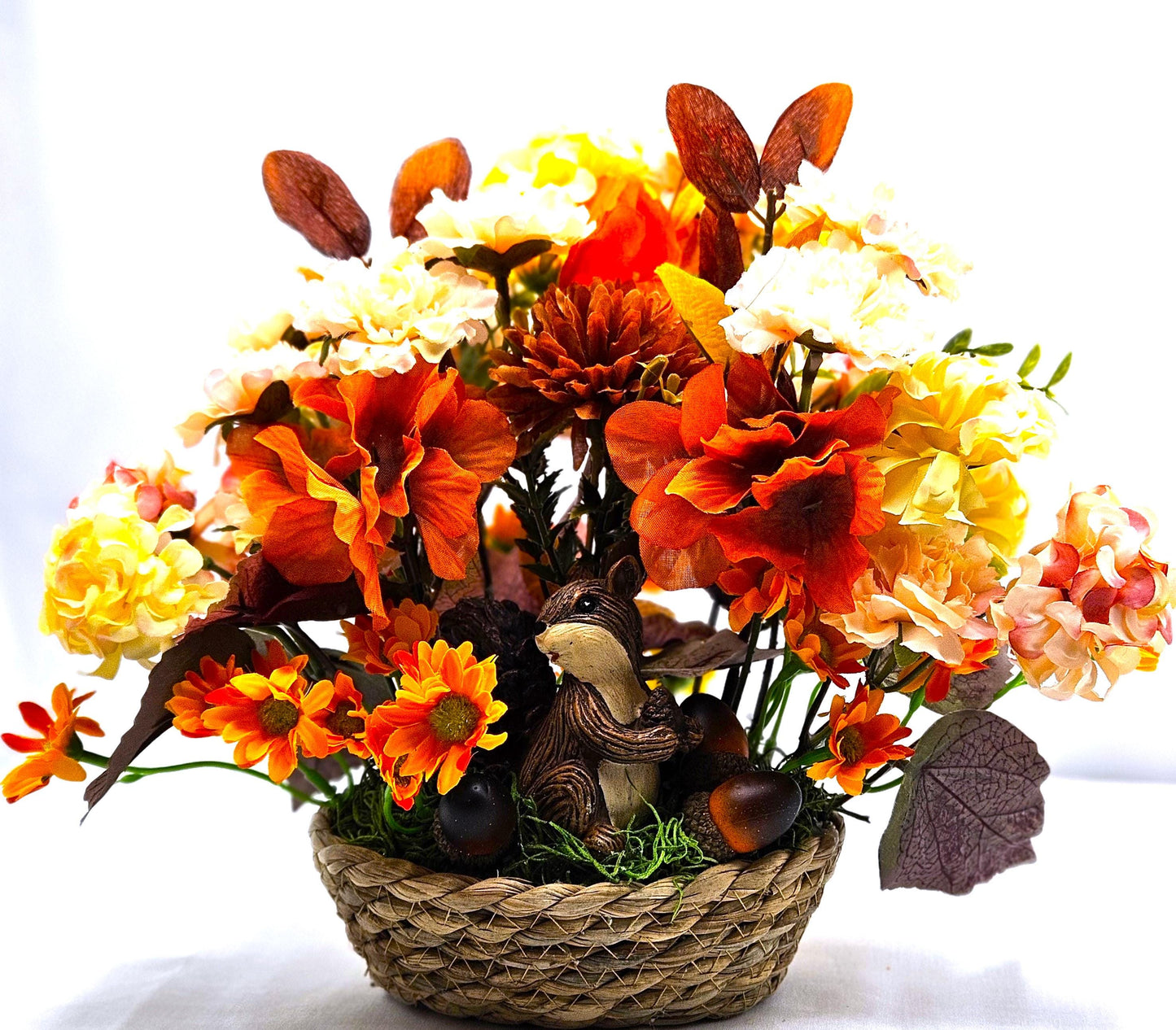 Enchanting Flower Arrangement of Burnt Orange/Orange Fall Flowers/Leaves/Acorns/Charming Ceramic Squirrel, All in a Simple Woven Basket
