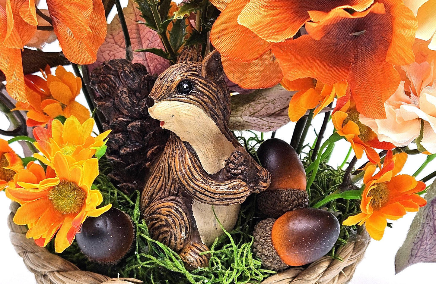 Enchanting Flower Arrangement of Burnt Orange/Orange Fall Flowers/Leaves/Acorns/Charming Ceramic Squirrel, All in a Simple Woven Basket