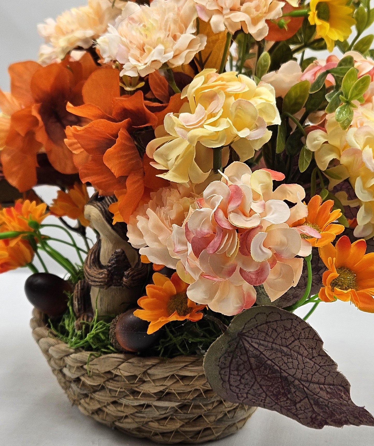 Enchanting Flower Arrangement of Burnt Orange/Orange Fall Flowers/Leaves/Acorns/Charming Ceramic Squirrel, All in a Simple Woven Basket