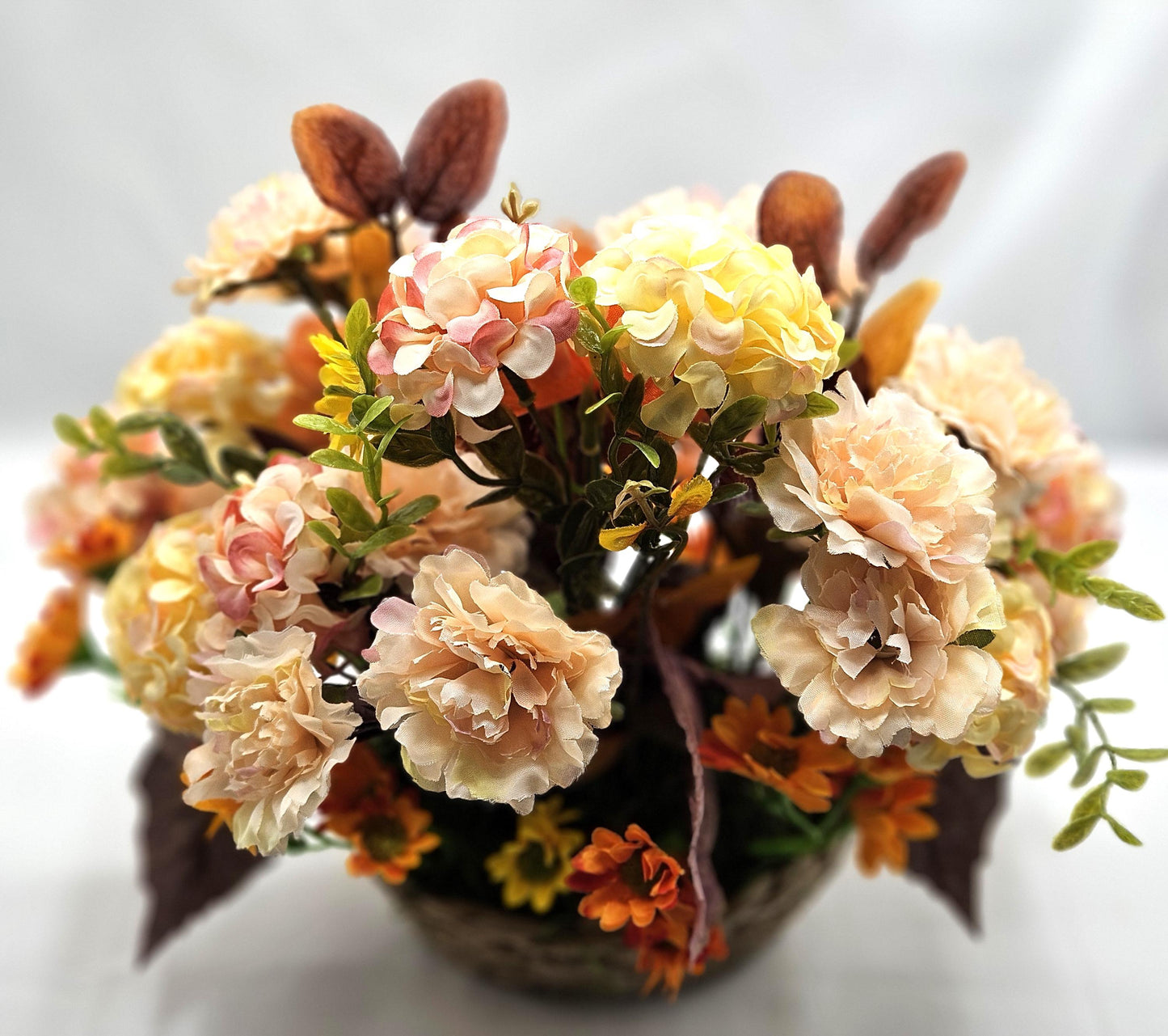 Enchanting Flower Arrangement of Burnt Orange/Orange Fall Flowers/Leaves/Acorns/Charming Ceramic Squirrel, All in a Simple Woven Basket