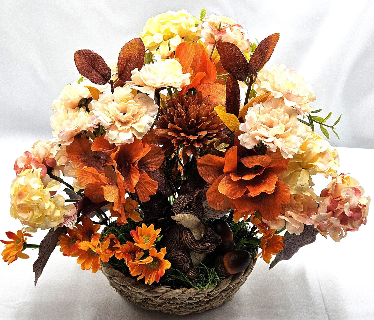 Enchanting Flower Arrangement of Burnt Orange/Orange Fall Flowers/Leaves/Acorns/Charming Ceramic Squirrel, All in a Simple Woven Basket