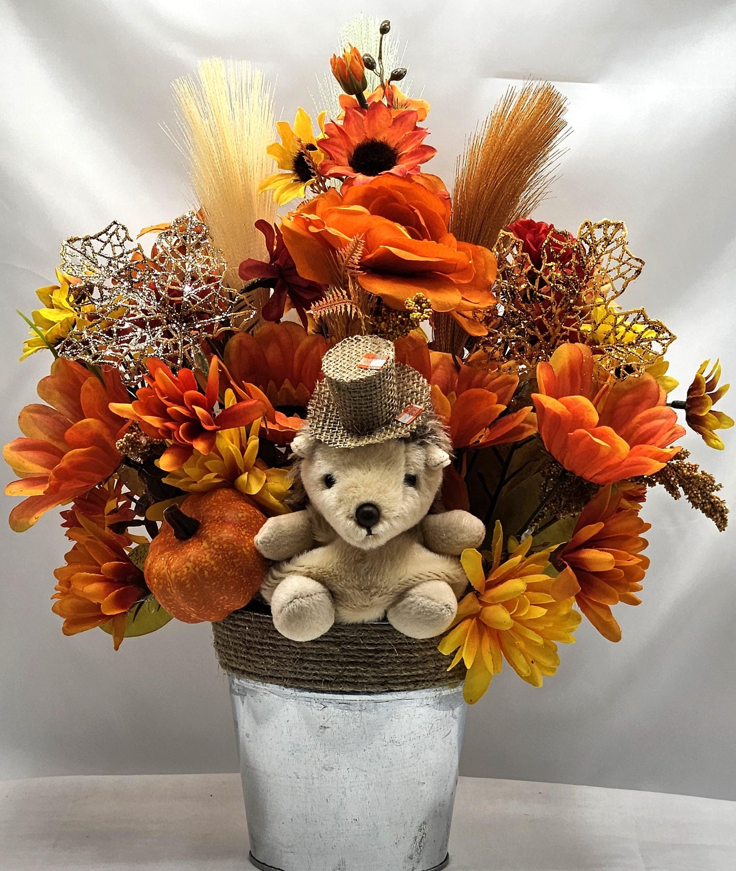 Cute Hedgehog Fall Autumn Flower Arrangement Set in Rope Trimmed Metal Pail/Burnt Orange/Yellow/Other Fall Flowers/Leaves/Glitter Accents