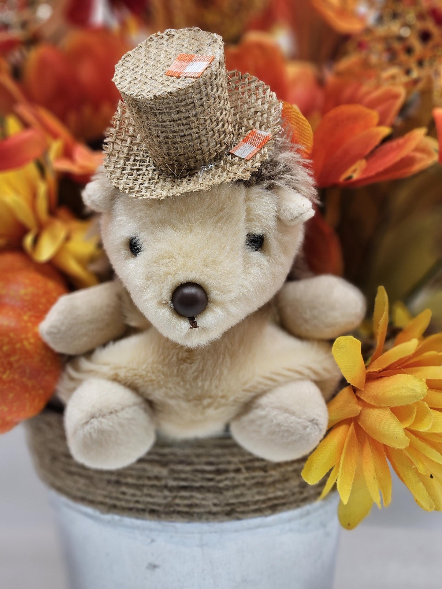 Cute Hedgehog Fall Autumn Flower Arrangement Set in Rope Trimmed Metal Pail/Burnt Orange/Yellow/Other Fall Flowers/Leaves/Glitter Accents