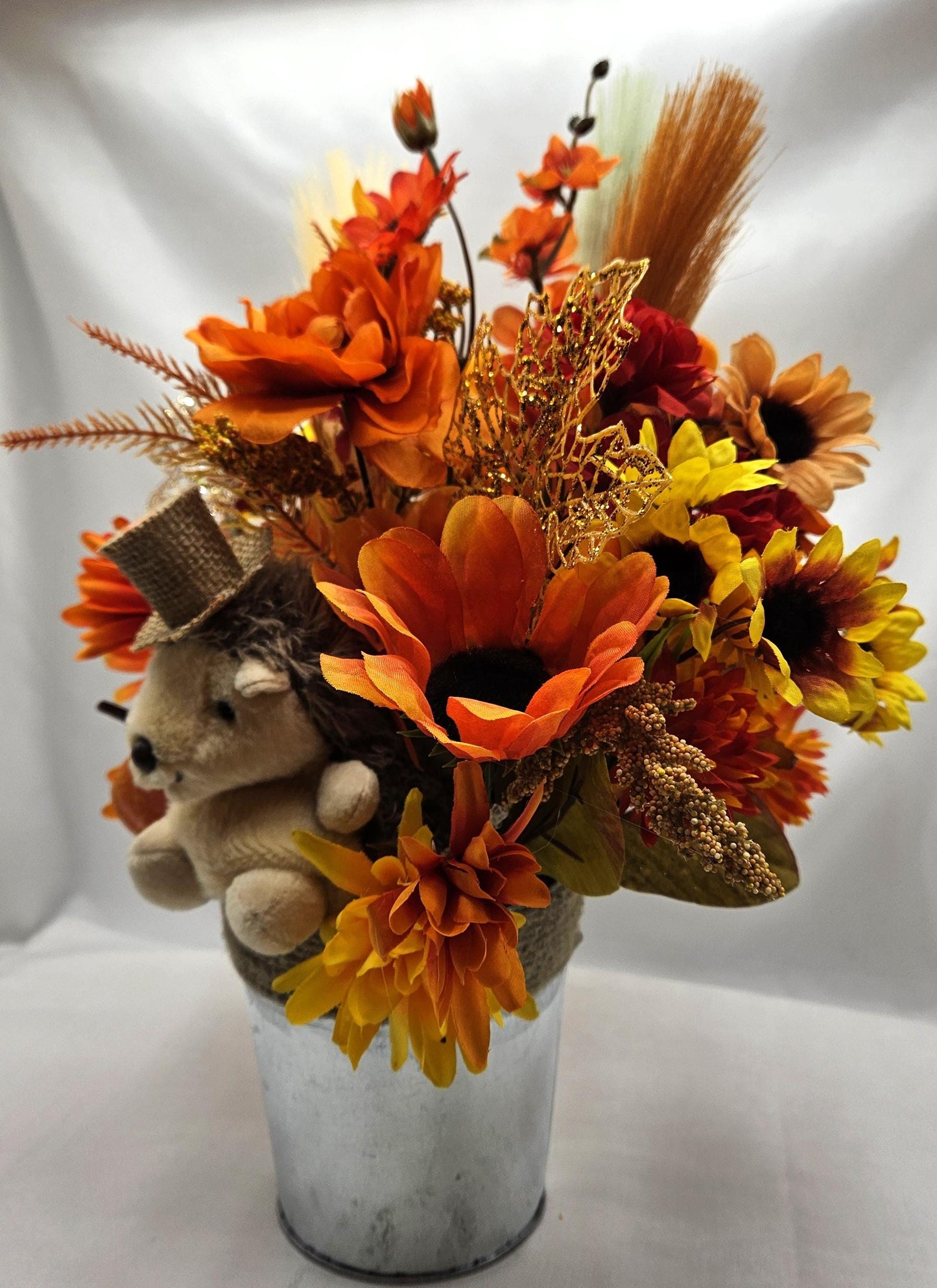 Cute Hedgehog Fall Autumn Flower Arrangement Set in Rope Trimmed Metal Pail/Burnt Orange/Yellow/Other Fall Flowers/Leaves/Glitter Accents
