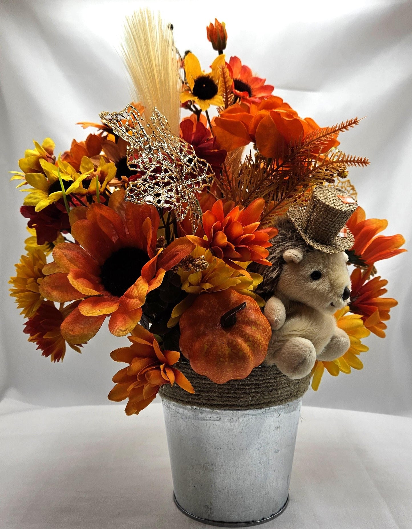 Cute Hedgehog Fall Autumn Flower Arrangement Set in Rope Trimmed Metal Pail/Burnt Orange/Yellow/Other Fall Flowers/Leaves/Glitter Accents