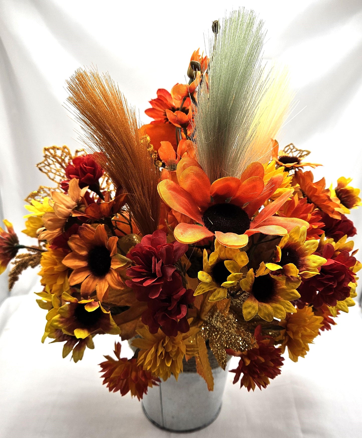 Cute Hedgehog Fall Autumn Flower Arrangement Set in Rope Trimmed Metal Pail/Burnt Orange/Yellow/Other Fall Flowers/Leaves/Glitter Accents