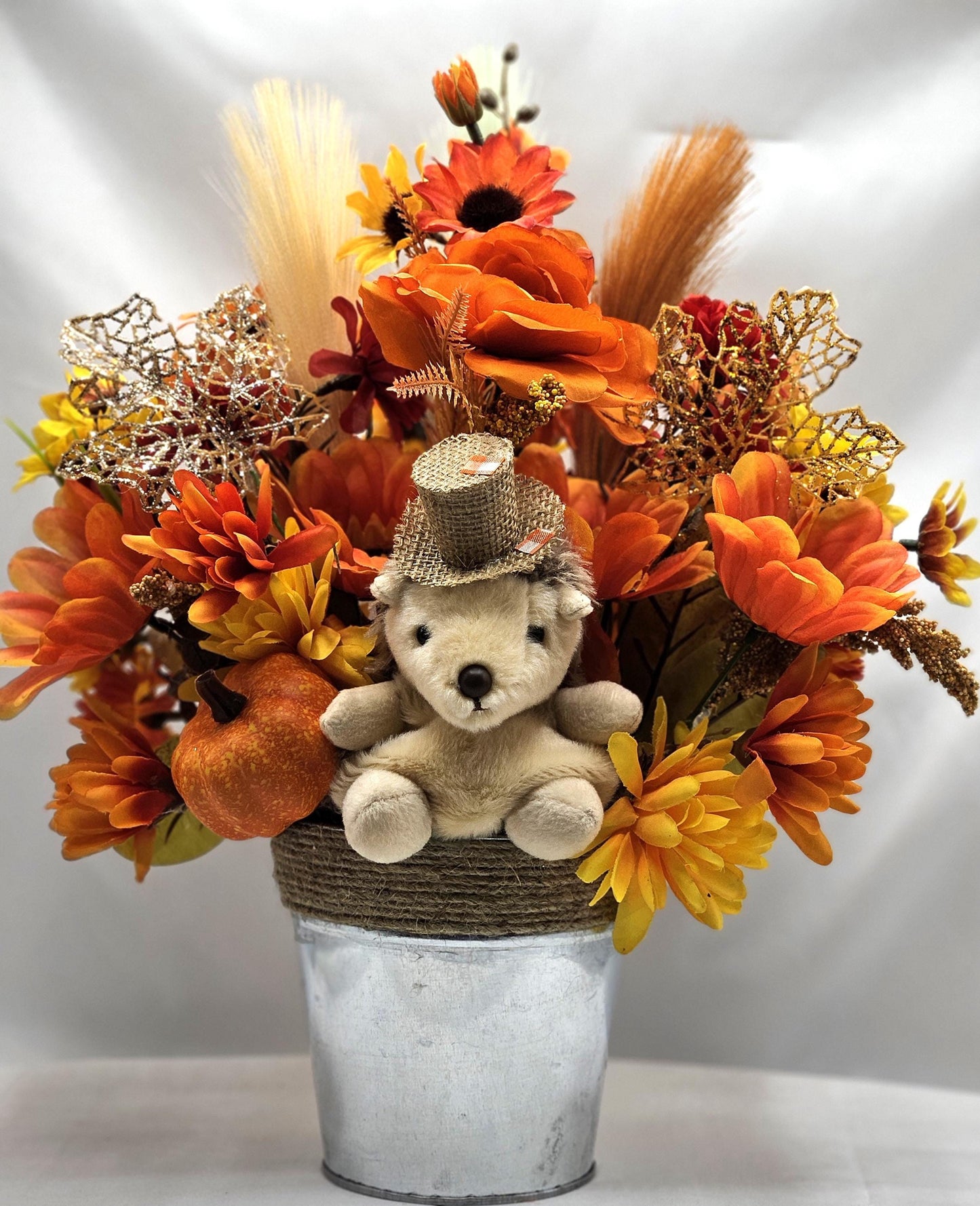 Cute Hedgehog Fall Autumn Flower Arrangement Set in Rope Trimmed Metal Pail/Burnt Orange/Yellow/Other Fall Flowers/Leaves/Glitter Accents