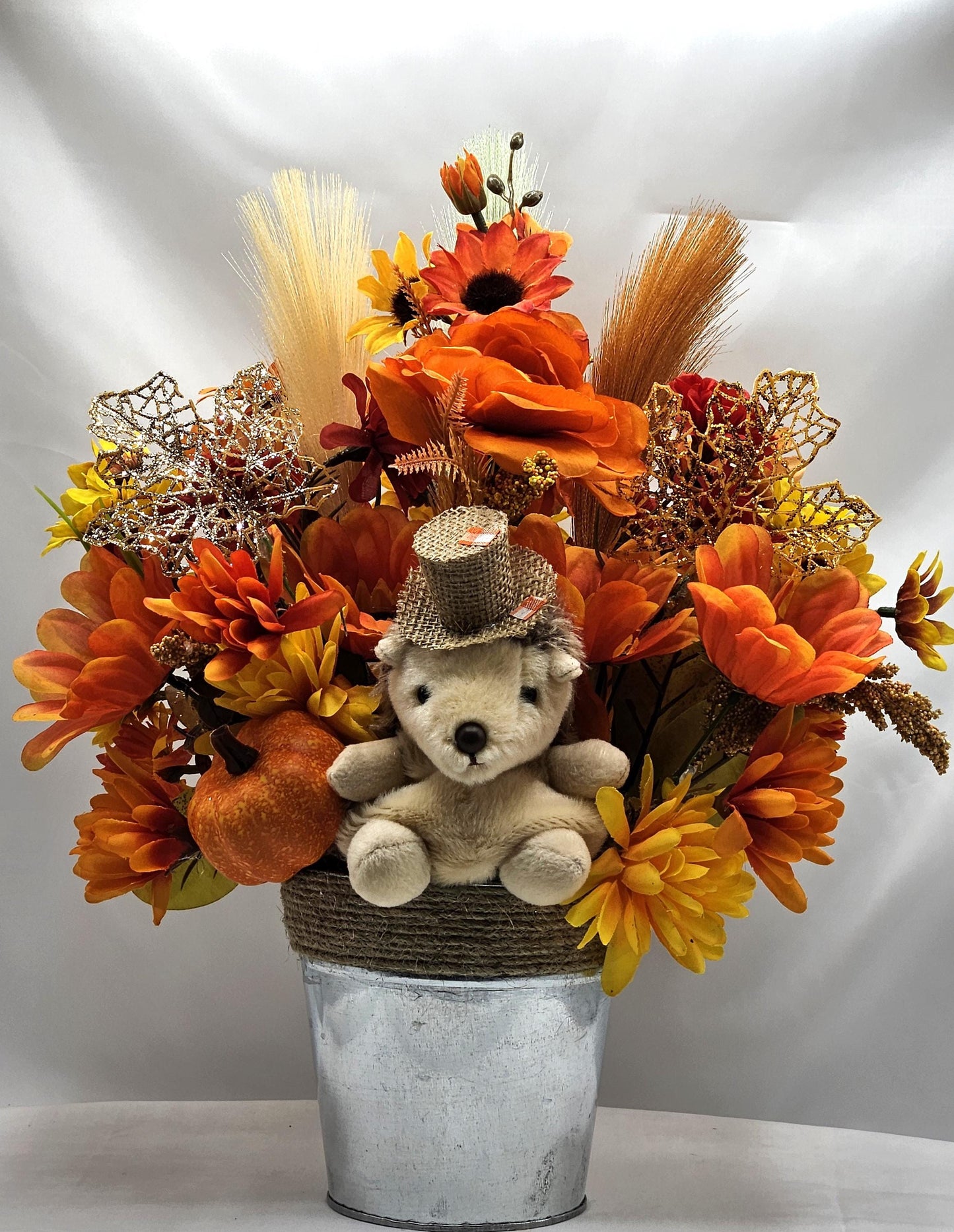 Cute Hedgehog Fall Autumn Flower Arrangement Set in Rope Trimmed Metal Pail/Burnt Orange/Yellow/Other Fall Flowers/Leaves/Glitter Accents