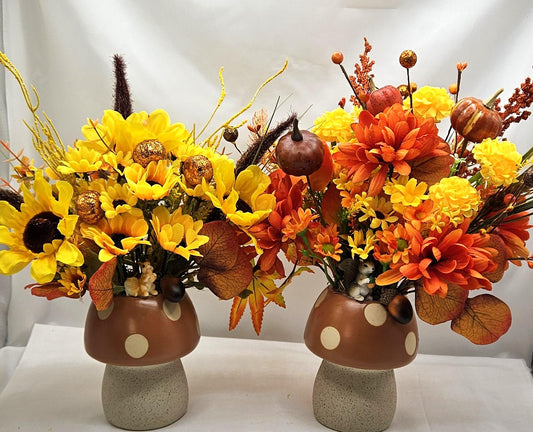 Ceramic Mushroom Pots Filled with Sunflowers, Mums, Pumpkins, Other Fall/Autumn Decor, Pick From 2 Options, Home/Office Fall Decor or Gift
