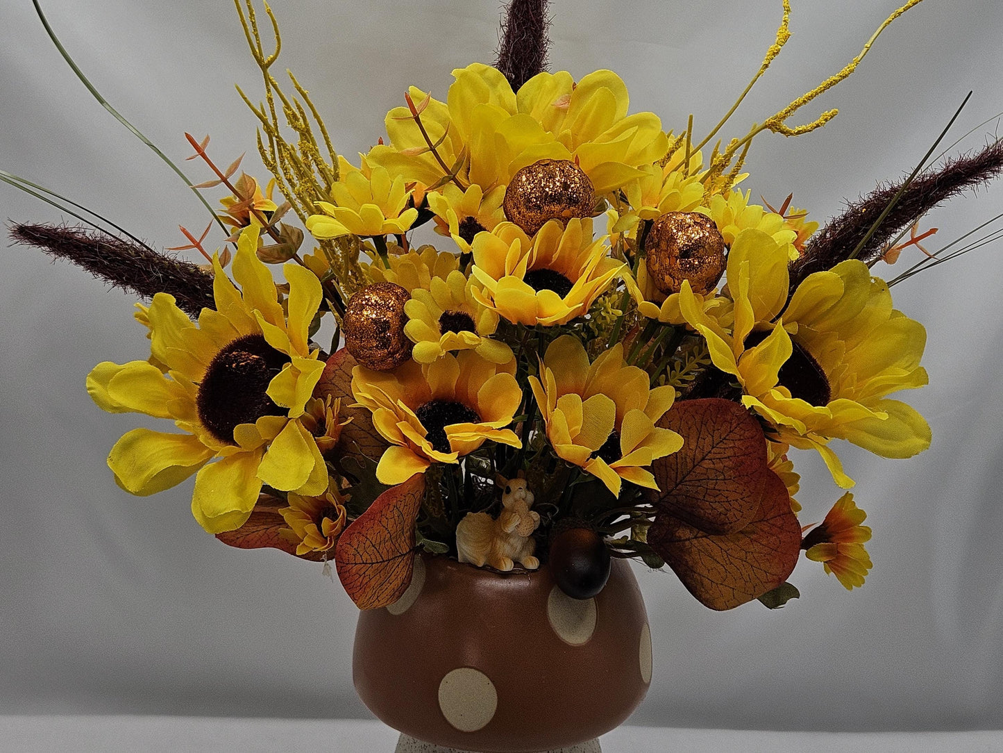 Ceramic Mushroom Pots Filled with Sunflowers, Mums, Pumpkins, Other Fall/Autumn Decor, Pick From 2 Options, Home/Office Fall Decor or Gift