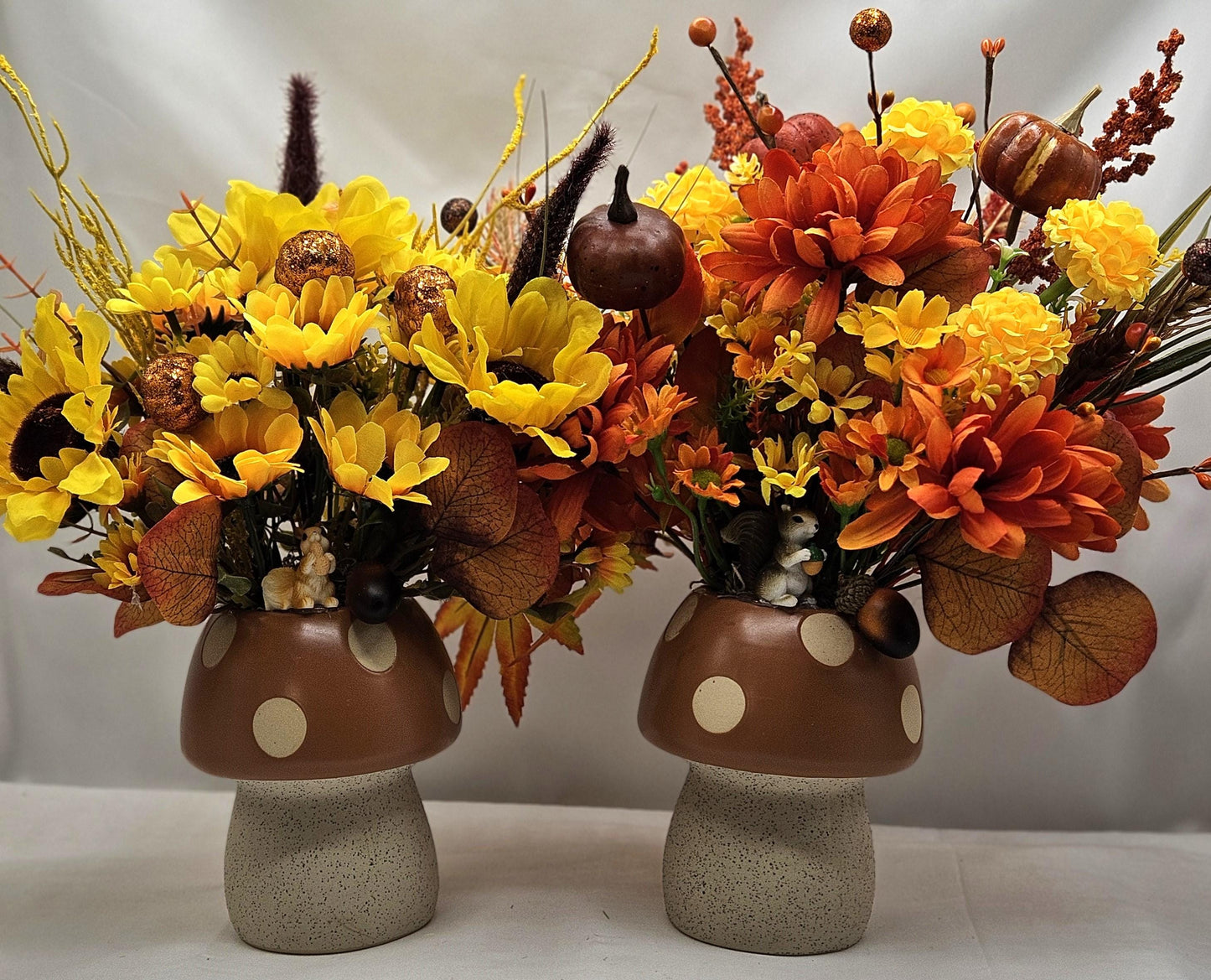 Ceramic Mushroom Pots Filled with Sunflowers, Mums, Pumpkins, Other Fall/Autumn Decor, Pick From 2 Options, Home/Office Fall Decor or Gift