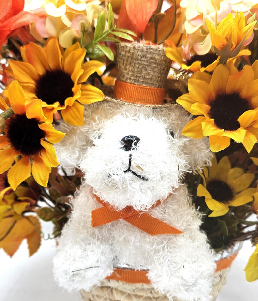 Fall Flower Arrangement with White Dog in Woven Basket: Autumn Decor
