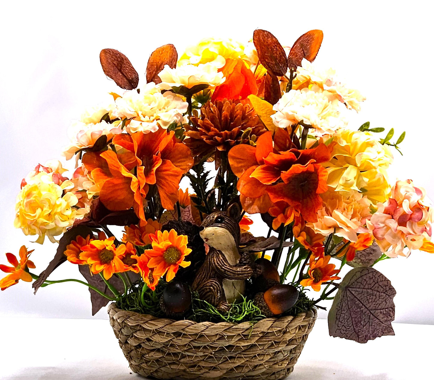 Enchanting Flower Arrangement of Burnt Orange/Orange Fall Flowers/Leaves/Acorns/Charming Ceramic Squirrel, All in a Simple Woven Basket