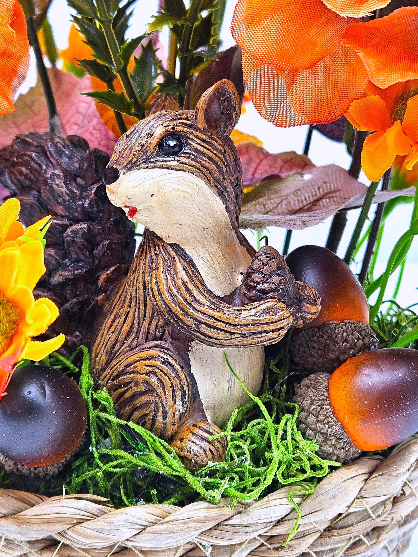 Enchanting Flower Arrangement of Burnt Orange/Orange Fall Flowers/Leaves/Acorns/Charming Ceramic Squirrel, All in a Simple Woven Basket