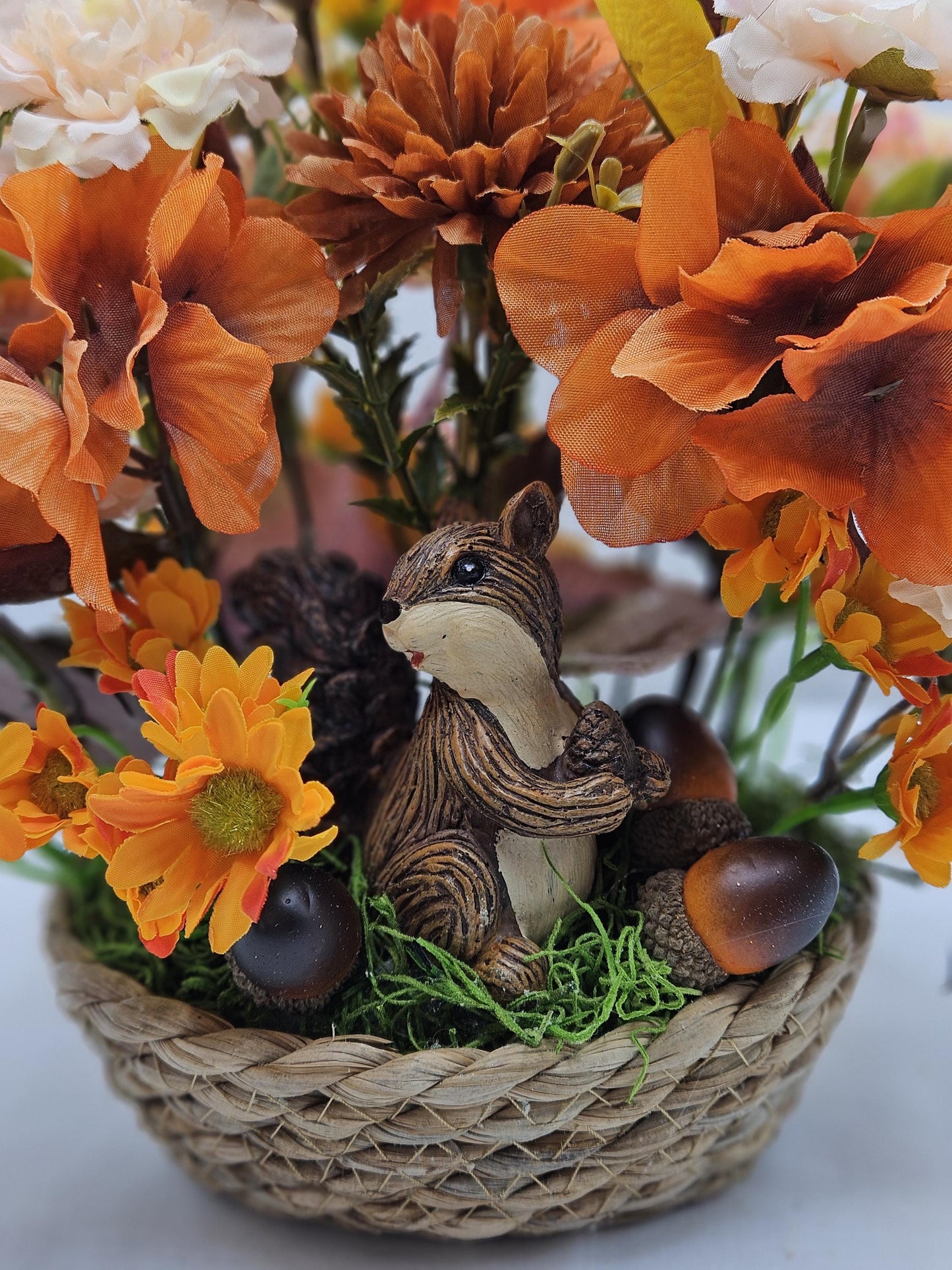 Enchanting Flower Arrangement of Burnt Orange/Orange Fall Flowers/Leaves/Acorns/Charming Ceramic Squirrel, All in a Simple Woven Basket