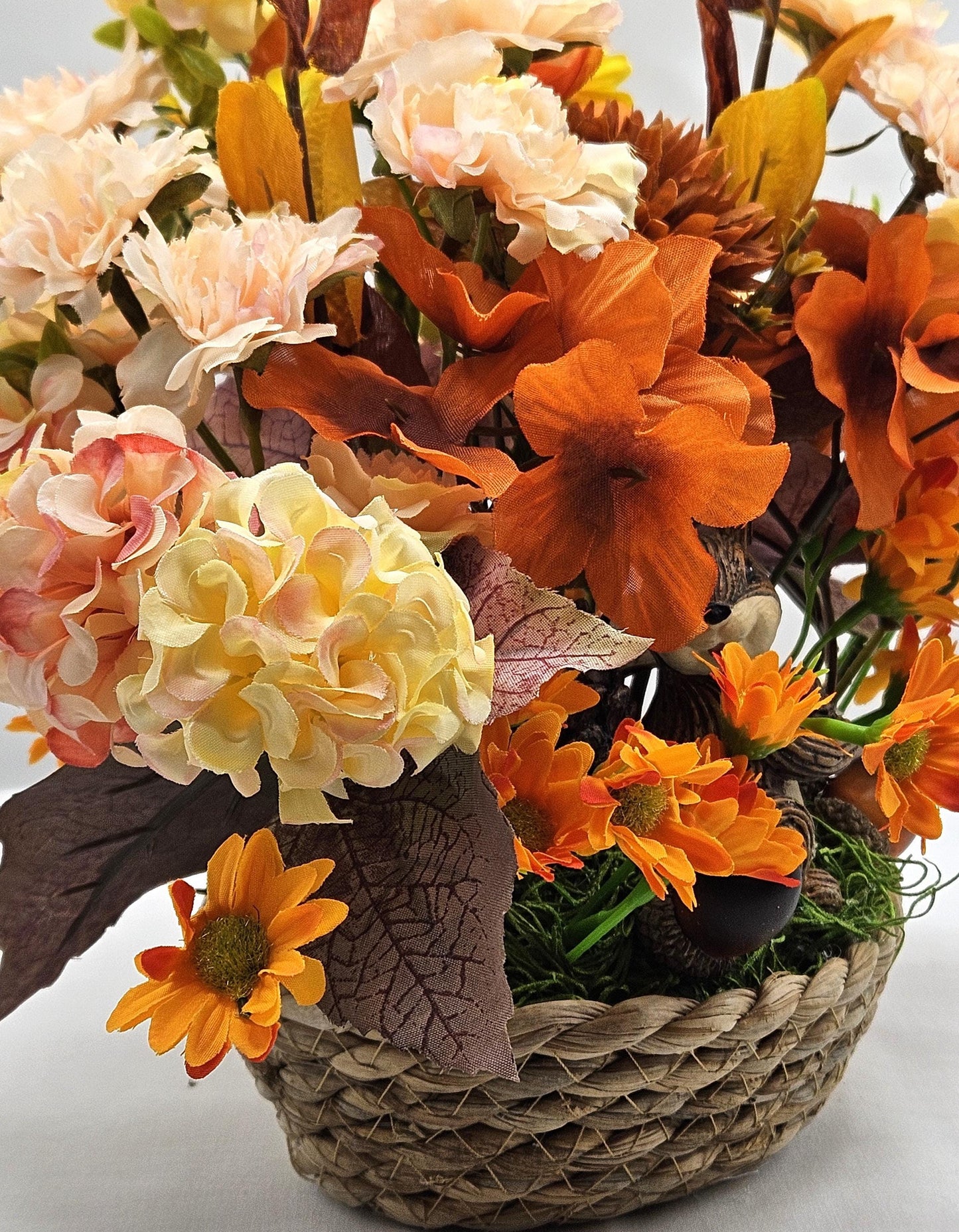 Enchanting Flower Arrangement of Burnt Orange/Orange Fall Flowers/Leaves/Acorns/Charming Ceramic Squirrel, All in a Simple Woven Basket