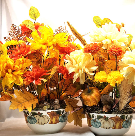 Colorful Autumn/Fall Flower Arrangements in Ceramic Pumpkin Bowl, 2 Options w/Otters or a Hedgehog,  Pumpkin, Glitter Leaves/Grass Accents