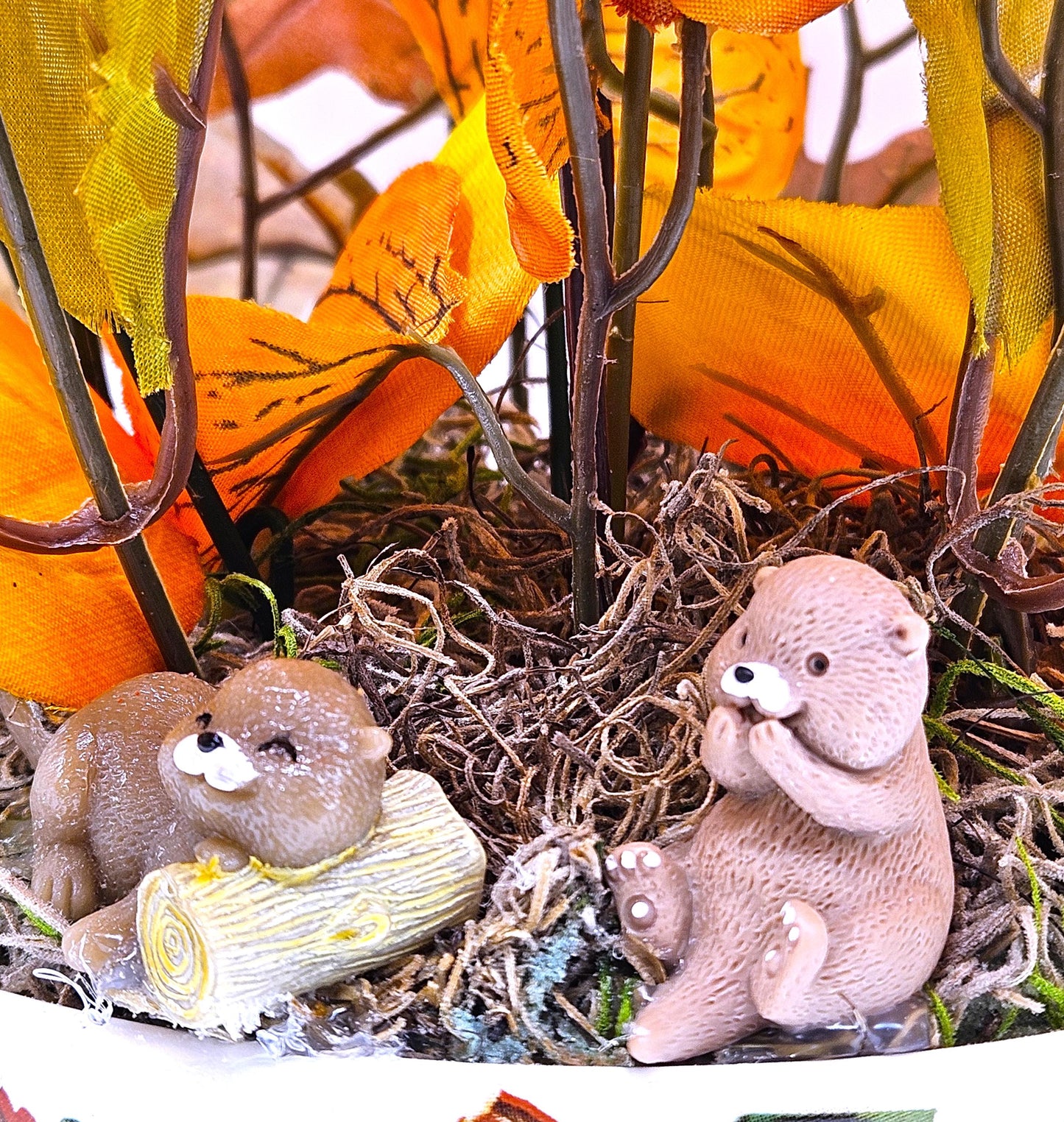 Colorful Autumn/Fall Flower Arrangements in Ceramic Pumpkin Bowl, 2 Options w/Otters or a Hedgehog,  Pumpkin, Glitter Leaves/Grass Accents