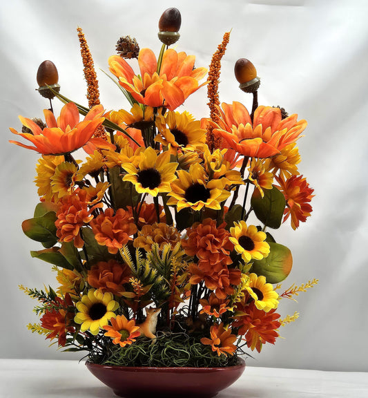 Ceramic Pumpkin Dish w/Autumn/Fall Flowers, Leaves, Accents, Happy Fall Sign, 2 Options, Fox or Squirrel Figures, Fall Lovers Decor/Gift