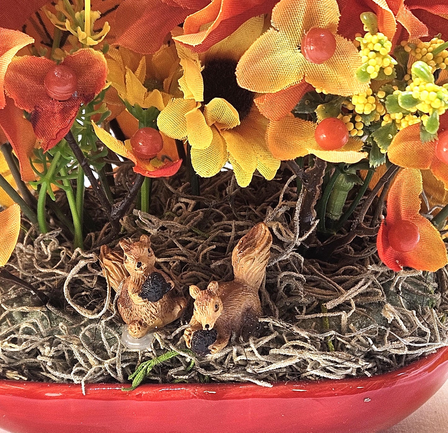 Ceramic Pumpkin Dish w/Autumn/Fall Flowers, Leaves, Accents, Happy Fall Sign, 2 Options, Fox or Squirrel Figures, Fall Lovers Decor/Gift