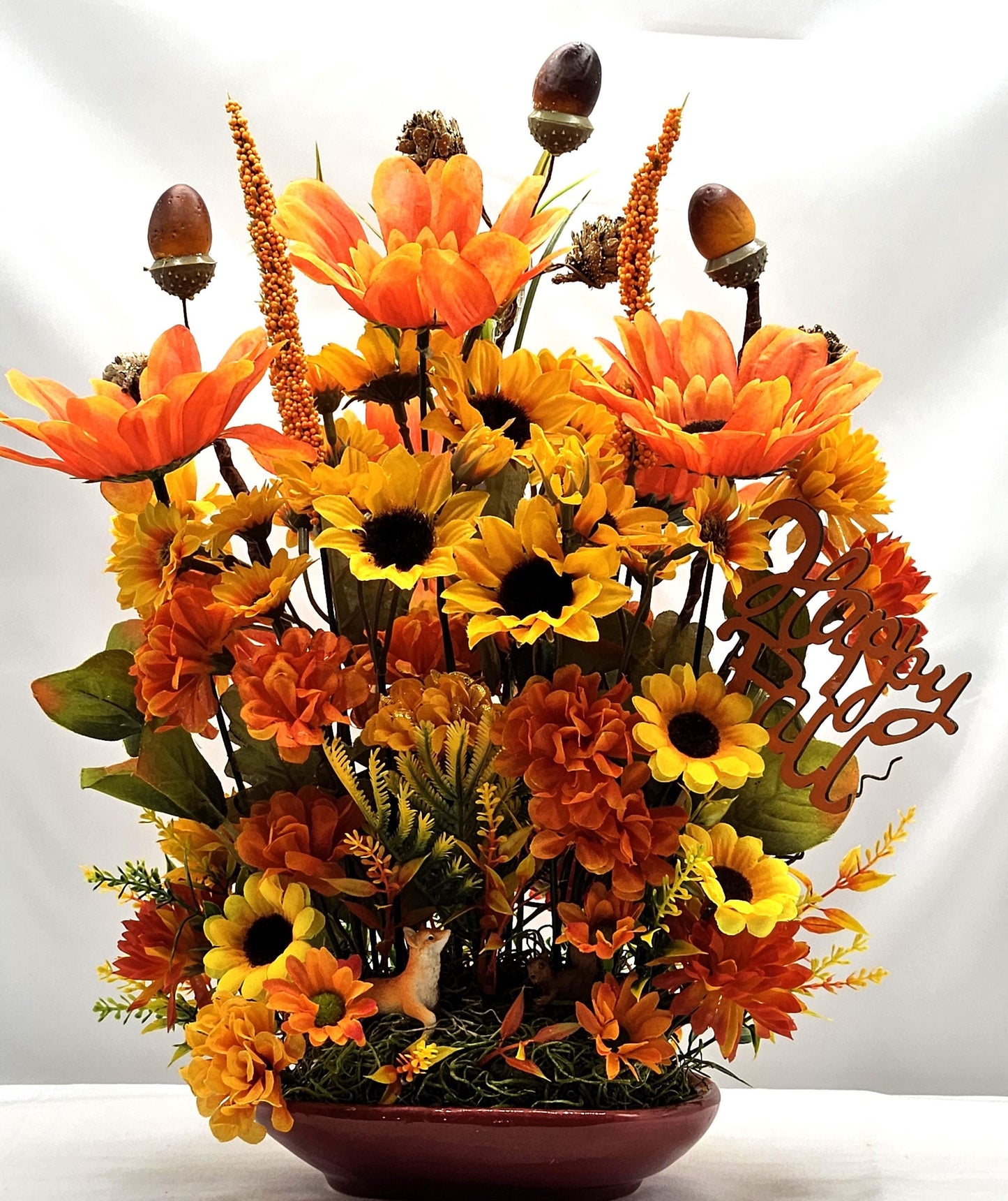 Ceramic Pumpkin Dish w/Autumn/Fall Flowers, Leaves, Accents, Happy Fall Sign, 2 Options, Fox or Squirrel Figures, Fall Lovers Decor/Gift