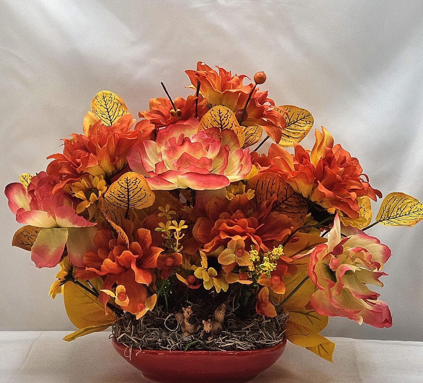 Ceramic Pumpkin Dish w/Autumn/Fall Flowers, Leaves, Accents, Happy Fall Sign, 2 Options, Fox or Squirrel Figures, Fall Lovers Decor/Gift