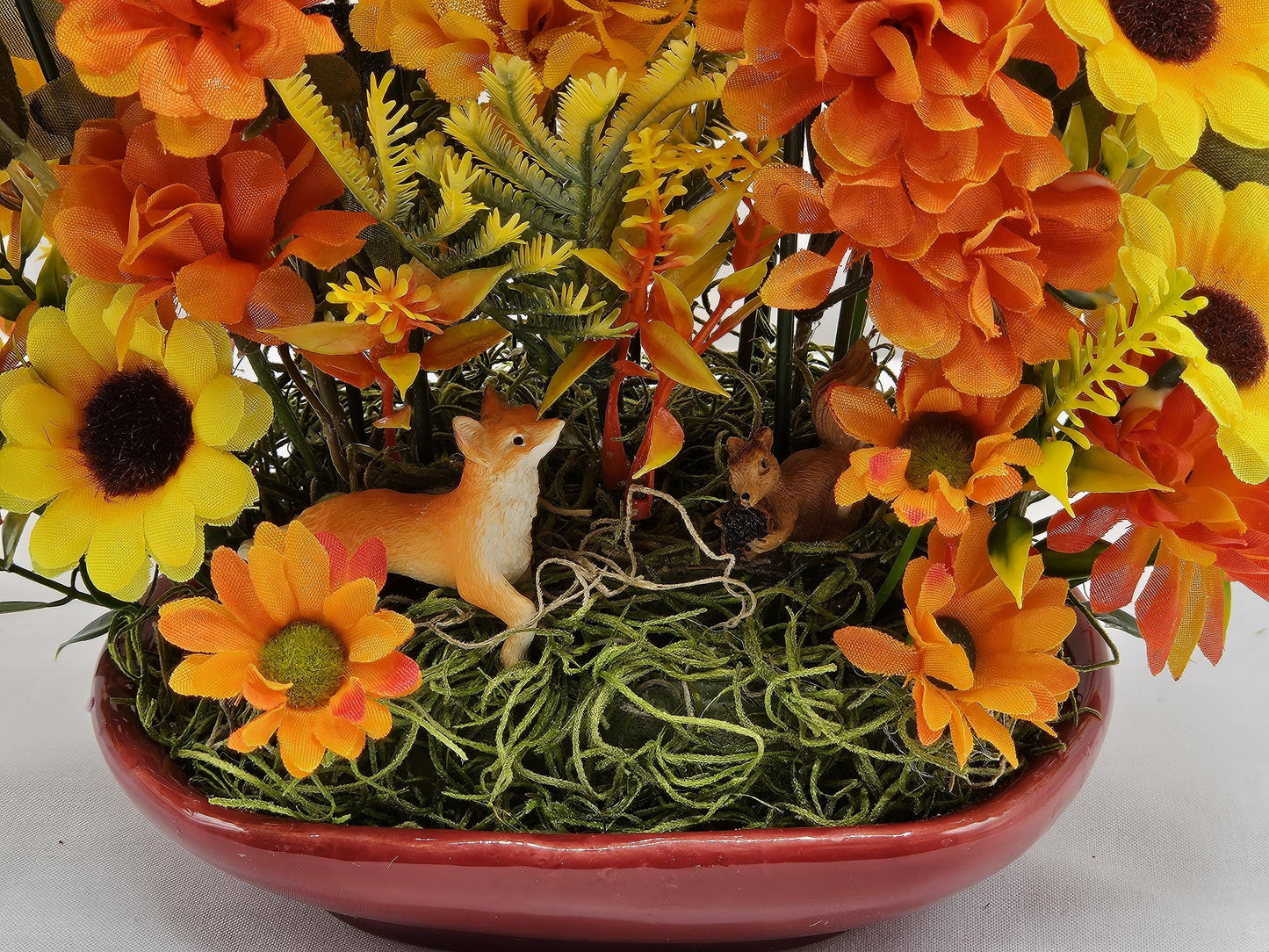Ceramic Pumpkin Dish w/Autumn/Fall Flowers, Leaves, Accents, Happy Fall Sign, 2 Options, Fox or Squirrel Figures, Fall Lovers Decor/Gift
